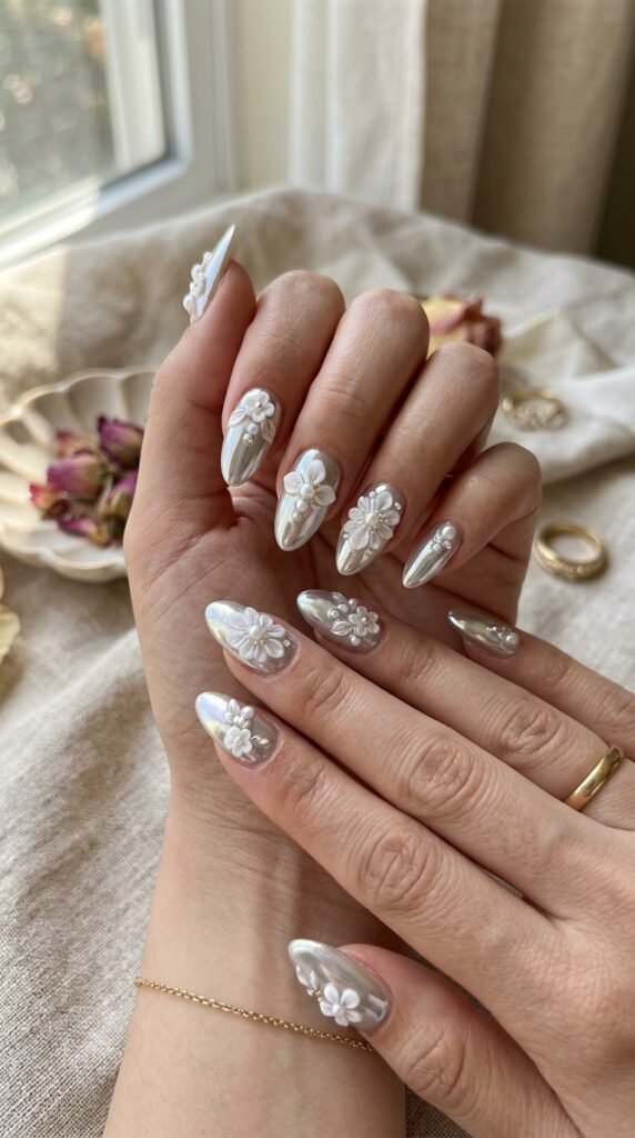 Chrome Pearl Flower Nails Art