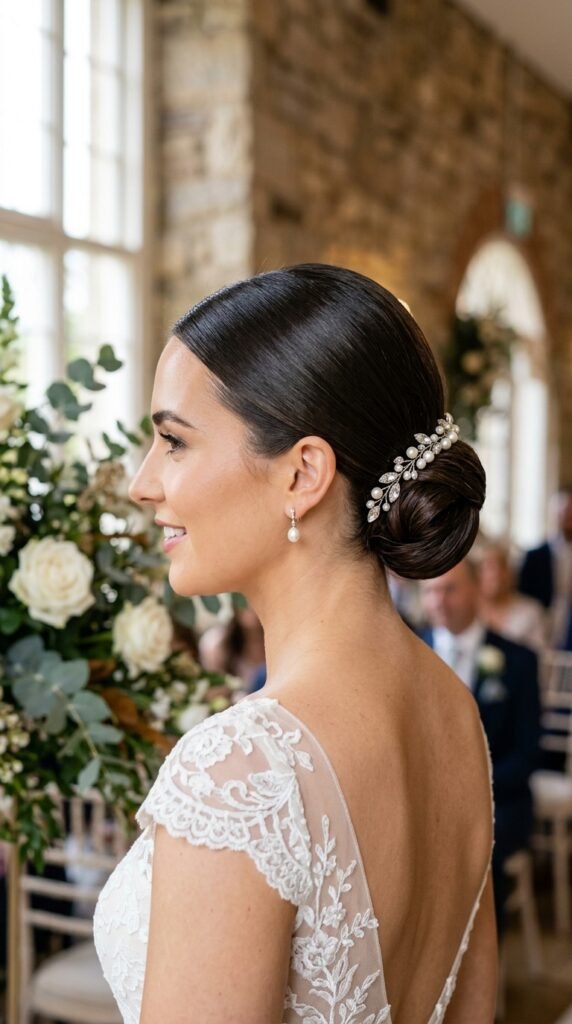 Classic Low Sleek Middle Part Bridal Bun Hairstyle