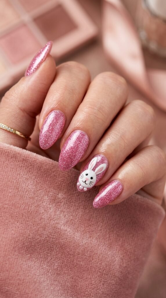 Classic Pink Glitter Bunny Glam Nail Art