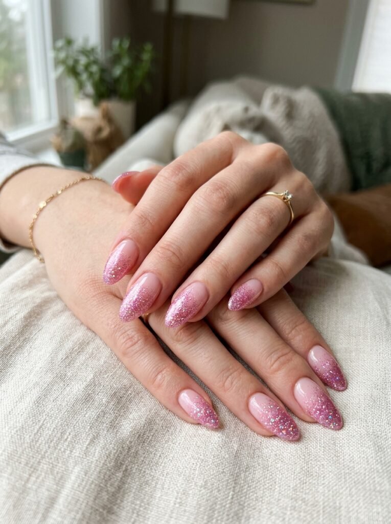 Classic Pink Glitter Fade Nails