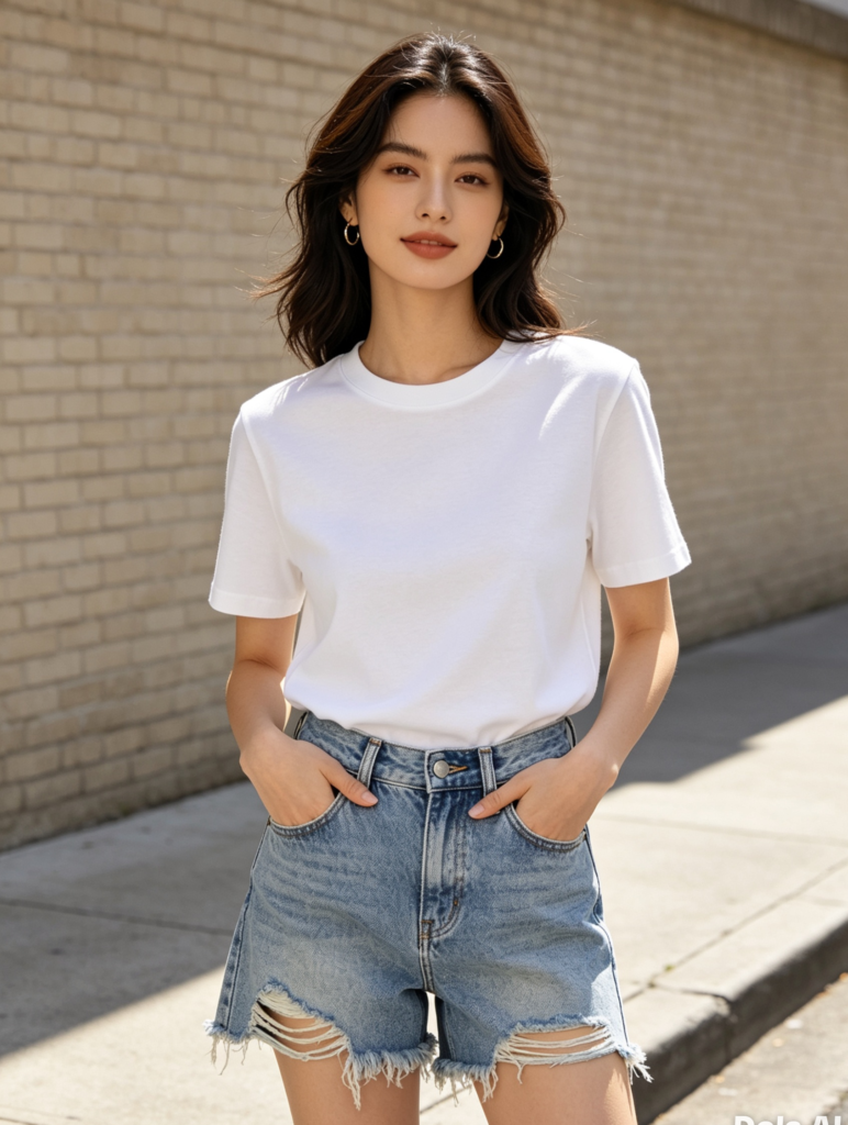  Classic White Tee and Distressed Denim Shorts