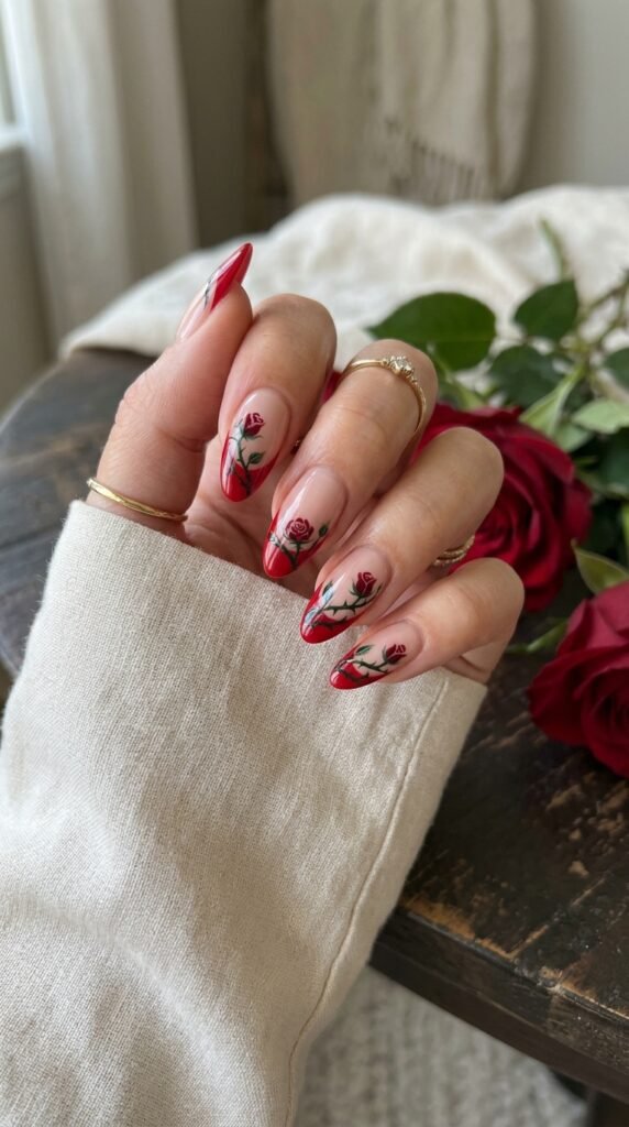 Classic Red Thorny Rose French Tips Nail Art