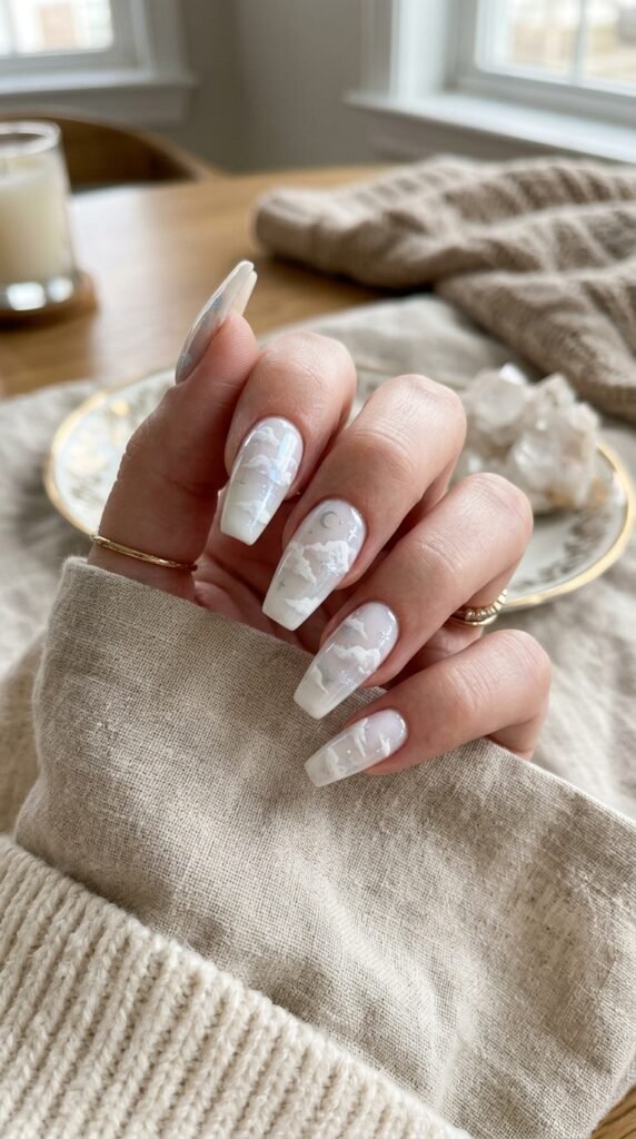 Cloud White Coffin Nails Art