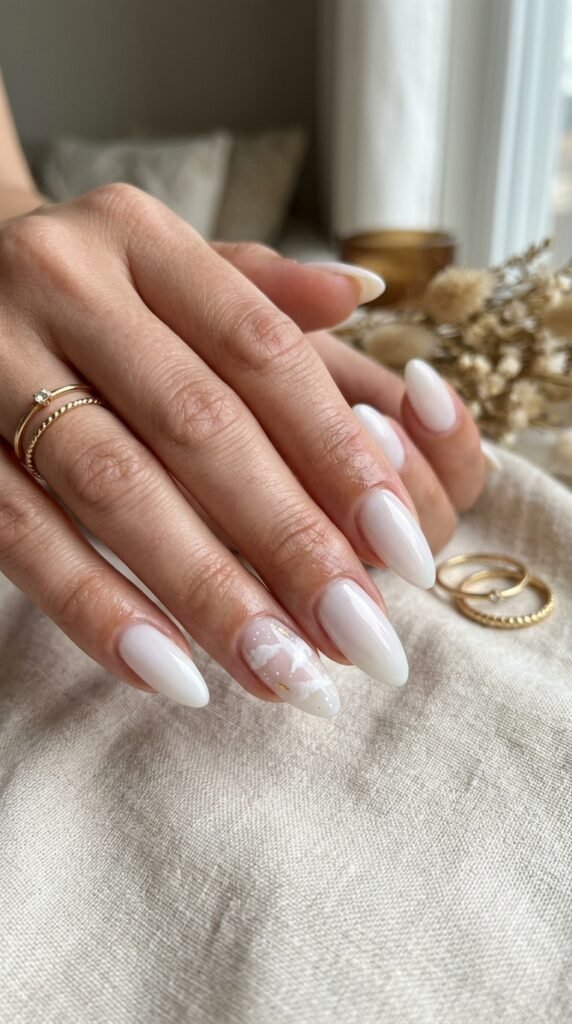 Cloud White Glossy Almond Nails Art