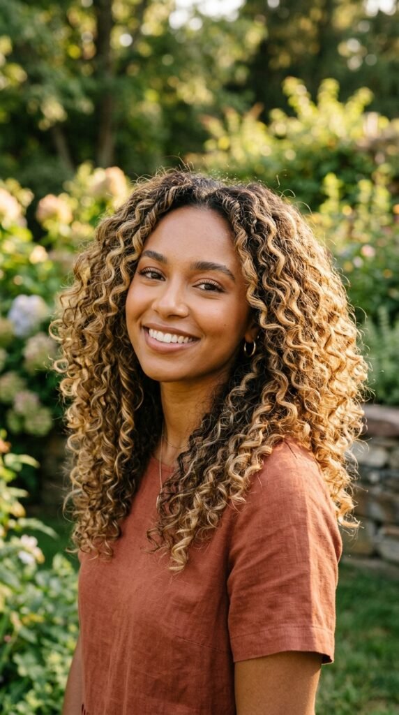 Curly Hair with Honey Blonde Highlights Hair color