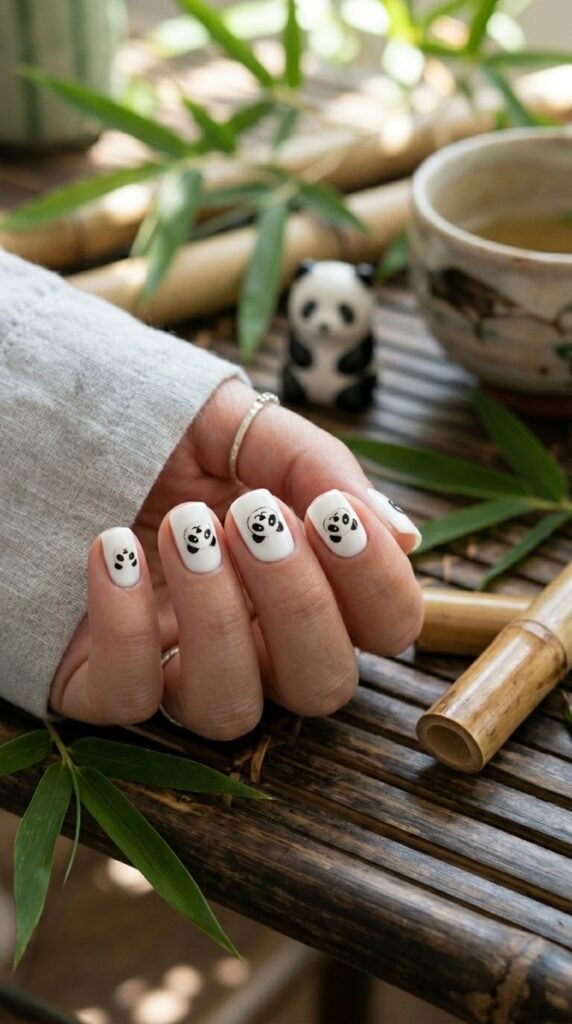 Cute Panda Face Nails with Classic White Base Nail Art