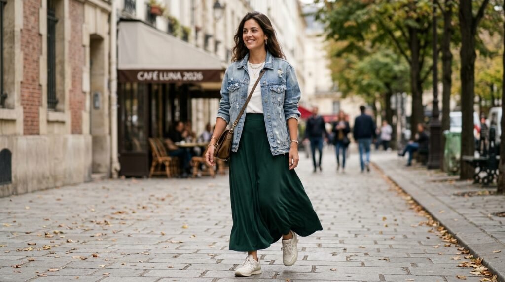 Denim Jacket with a Solid Maxi Skirt