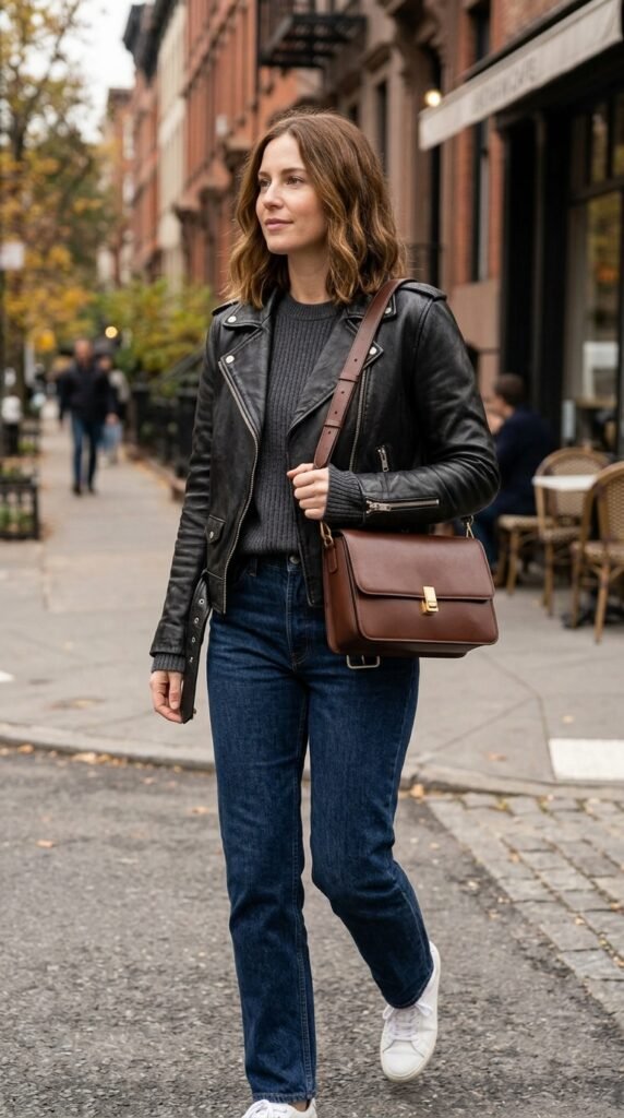 East-West-Shoulder-Bag-with-a-Leather-Jacket
