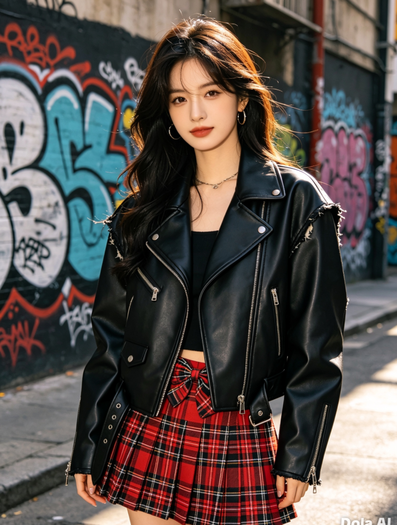  Edge Meets Cute Faux Leather Jacket and Plaid Skirt