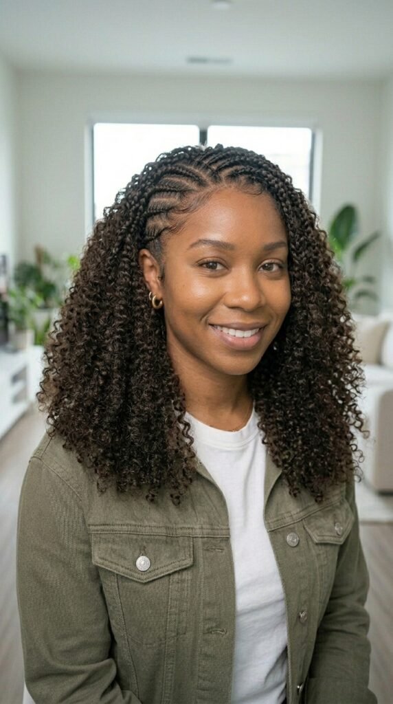 Feed-In Cornrows with Long Curly Half Wig