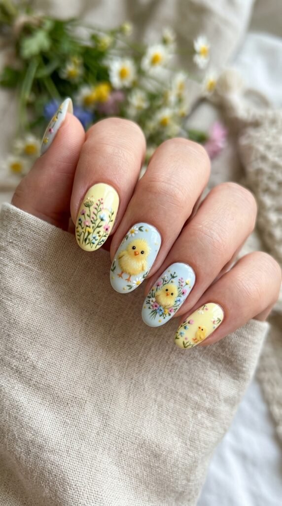 Floral Baby Chick Nails Art