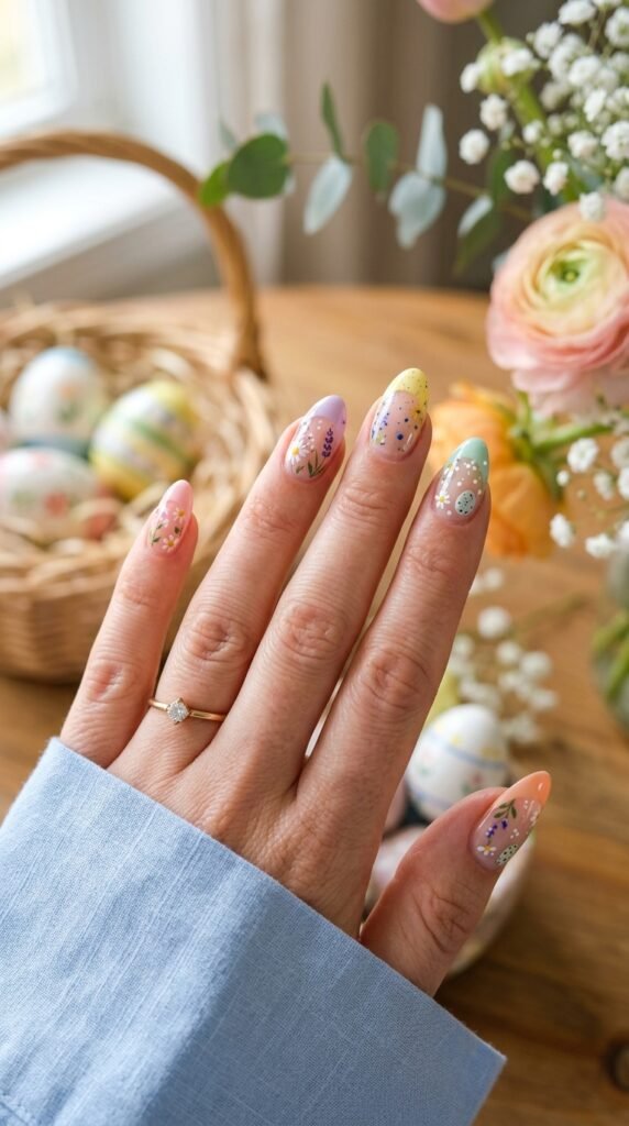 Floral Easter Egg French Tips Nail Art