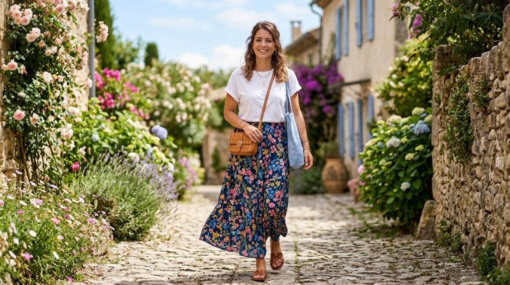 Floral Maxi Skirt with a Simple Tee