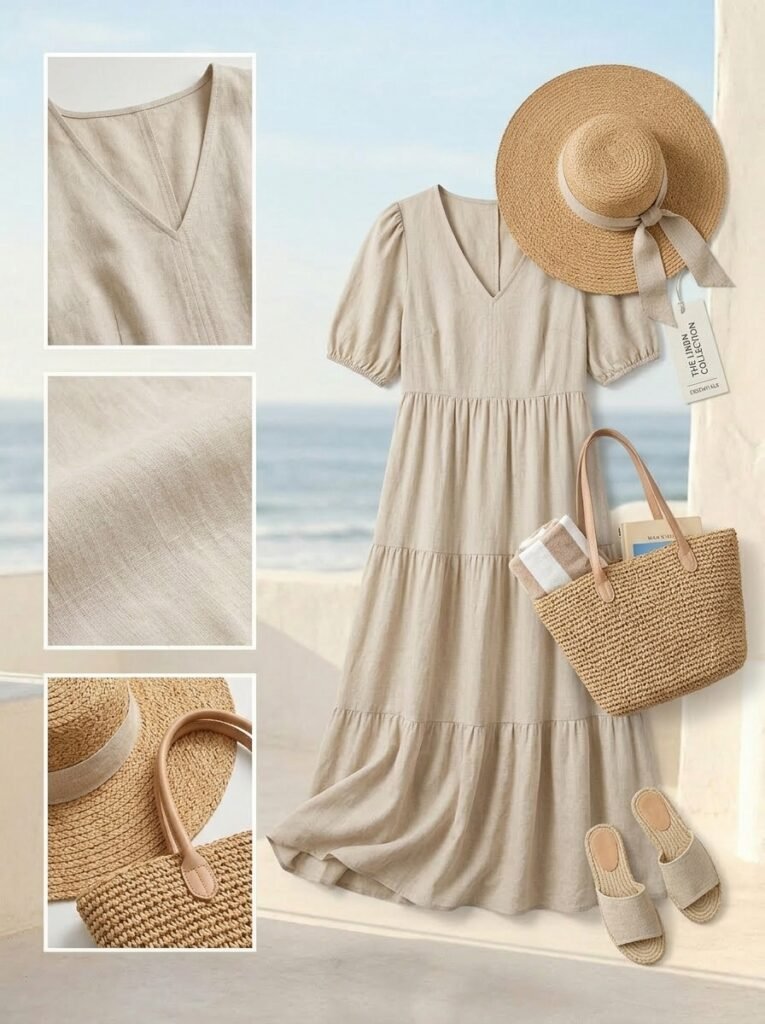 Flowy Midi Dress With Straw Accessories