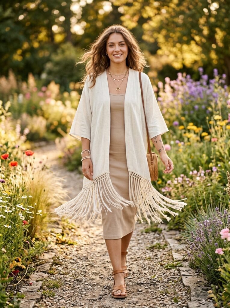 Fringe Kimono Over a Simple Dress