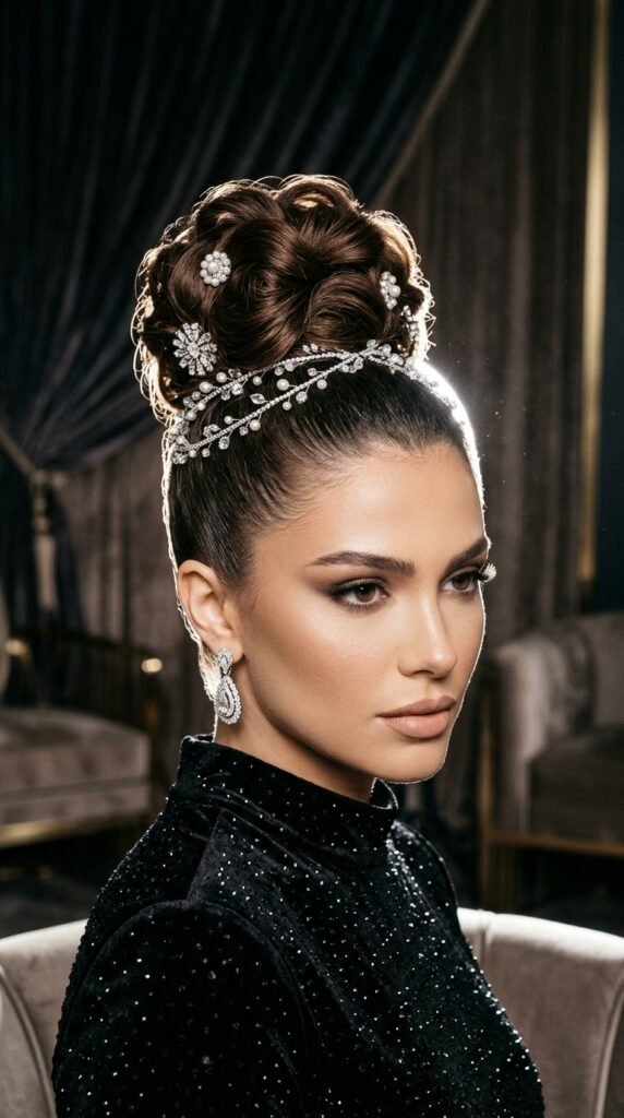 Glamorous High Updo With Accessories Hairstyle