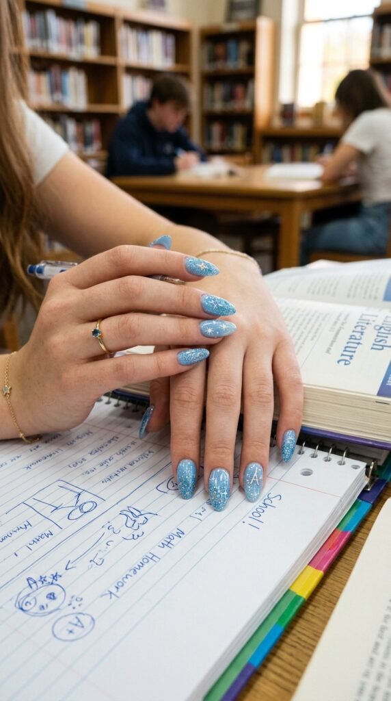 Glitter Baby Blue School Nails Art