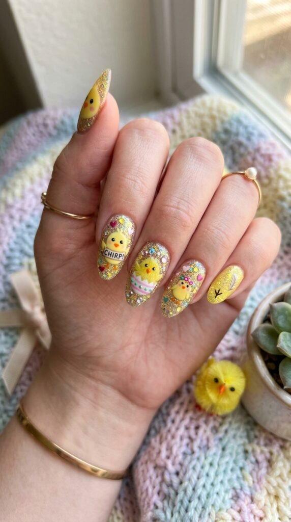 Glitter Baby Chick Nails Art