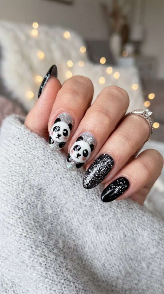 Glitter Panda Face Nails Art