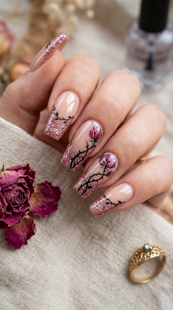 Glitter Thorny Rose French Tips Nail Art