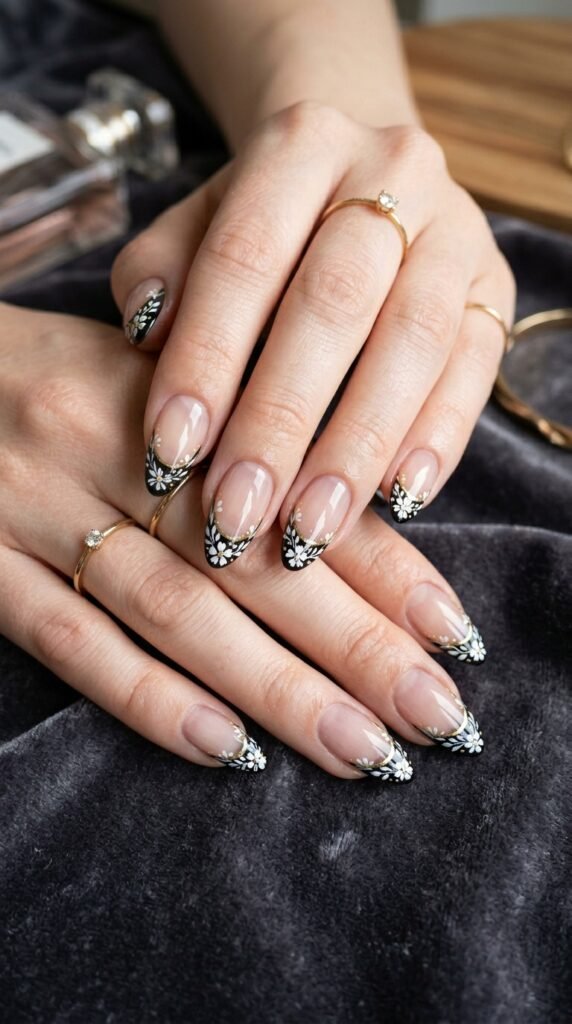 Glossy Black Floral French Tips Nail Art