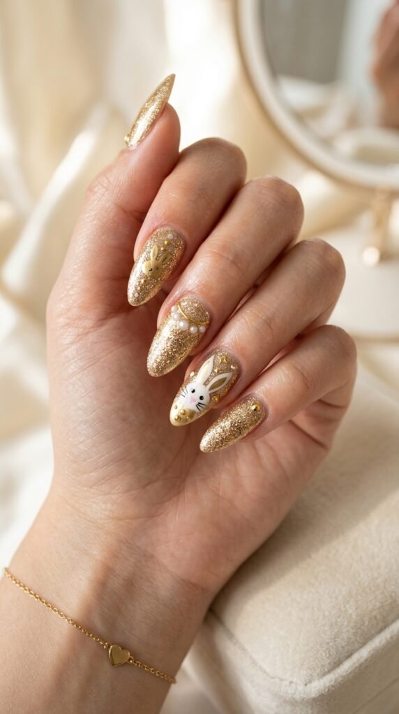 Gold Glitter Bunny Glam Nail Art