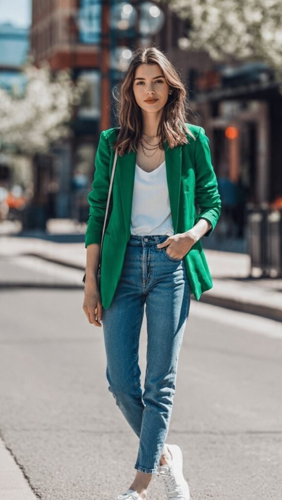 Green-Blazer-with-Denim-Jeans 