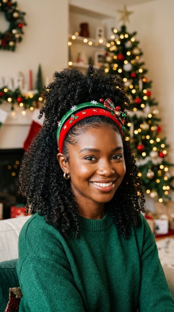 Half-Up Curly Afro Puff with Festive Headbands Hairstyle