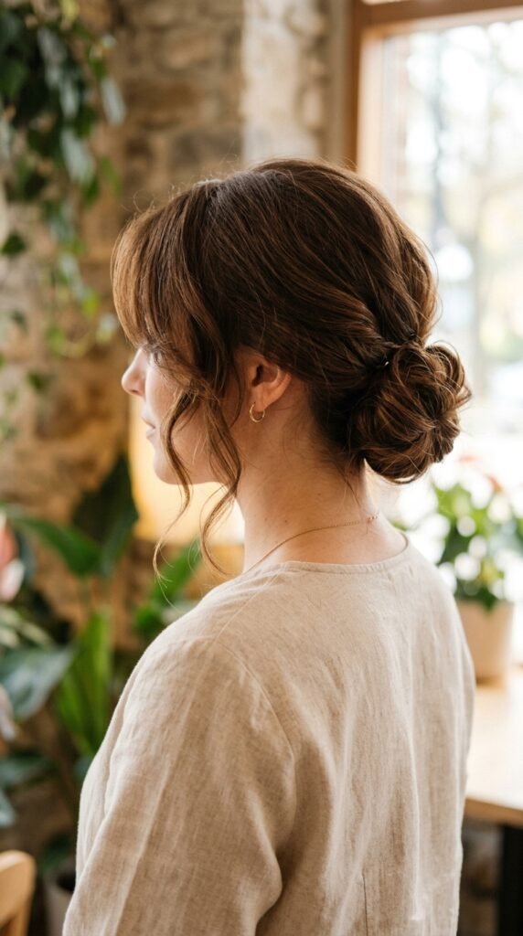 High Messy Brunette Bun Hairstyle