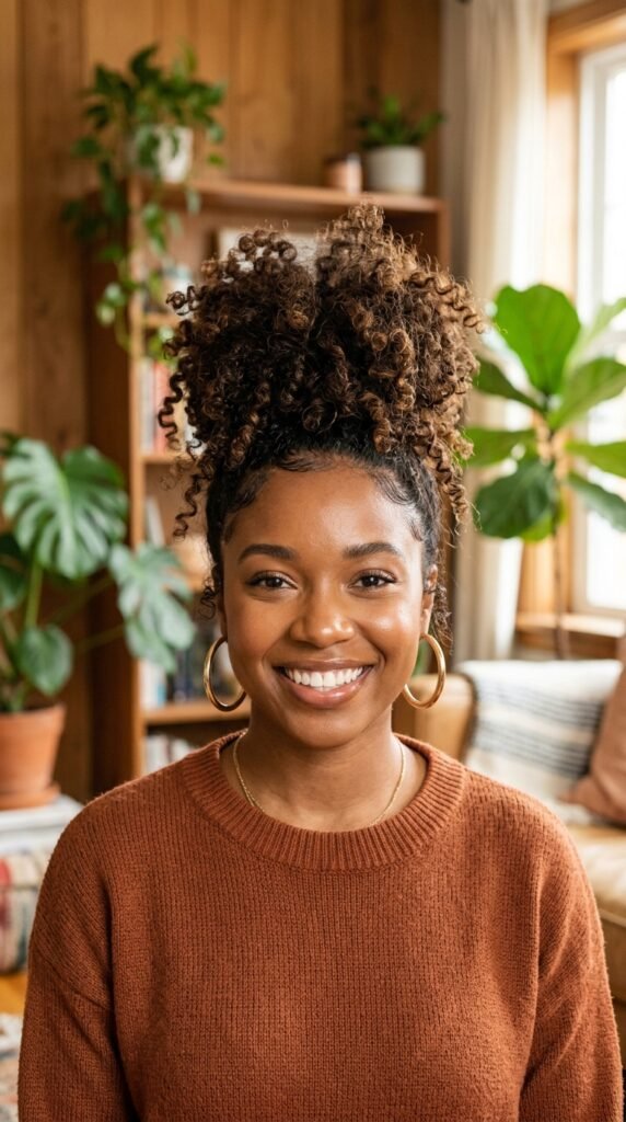 High Puff Messy Curly Bun Hairstyle