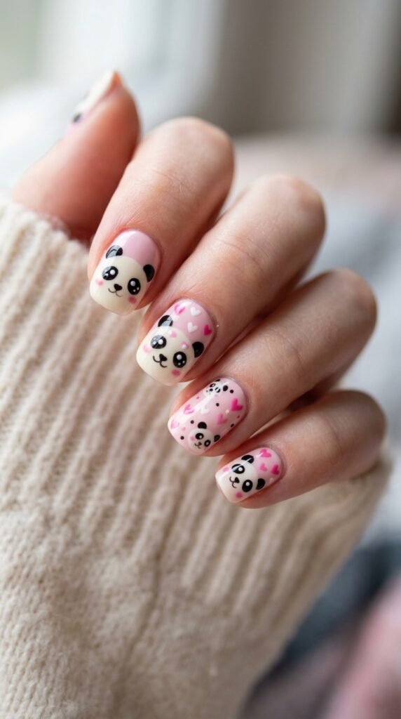 Kawaii Panda Face Nails with Pink Hearts Nail Art