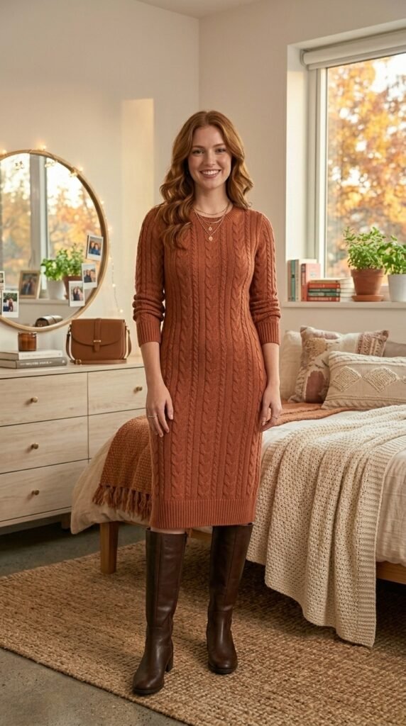 Knit Dress and Tall Boots Fall Outfit
