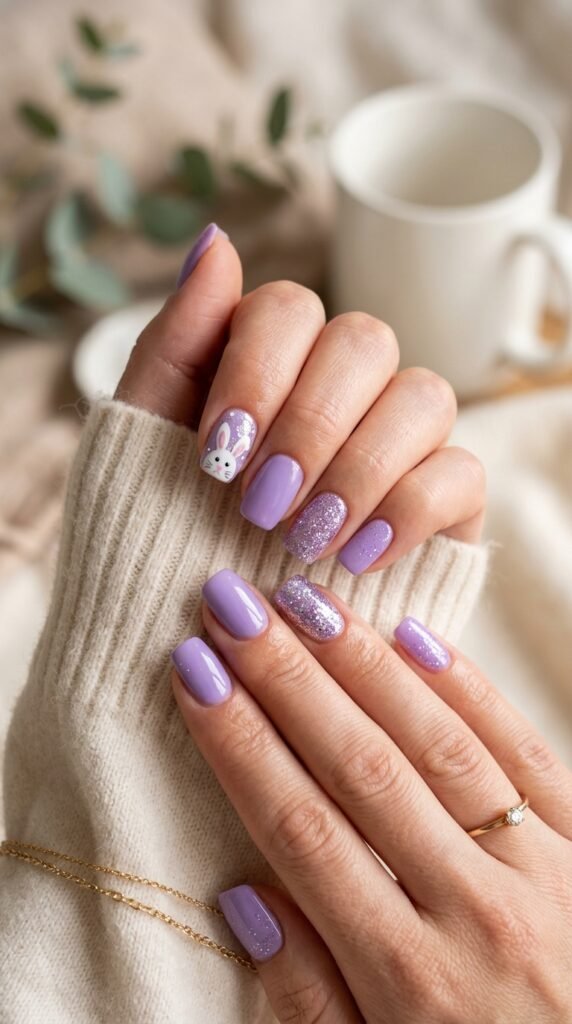 Lavender Bunny Sparkle Nails Art