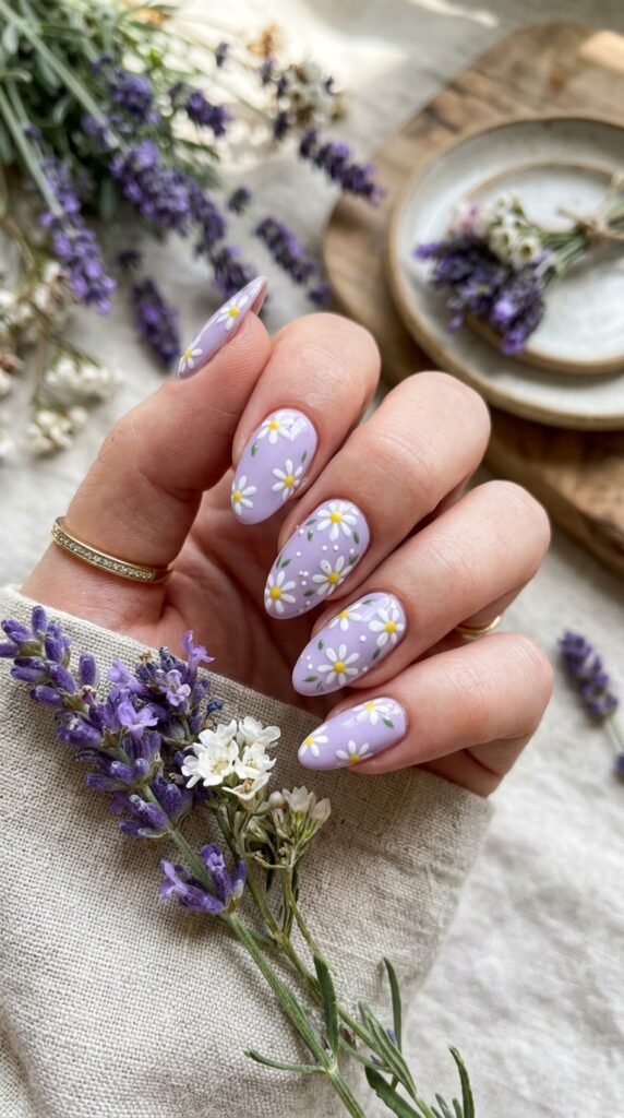 Lavender Pastel Daisy Nails Art
