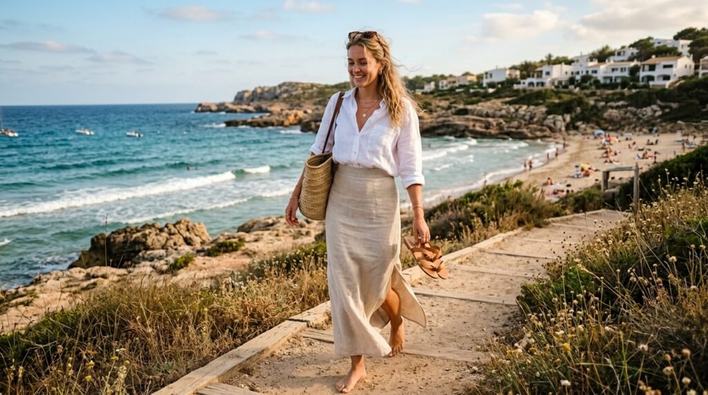 Linen Maxi Skirt with a Button-Up Shirt