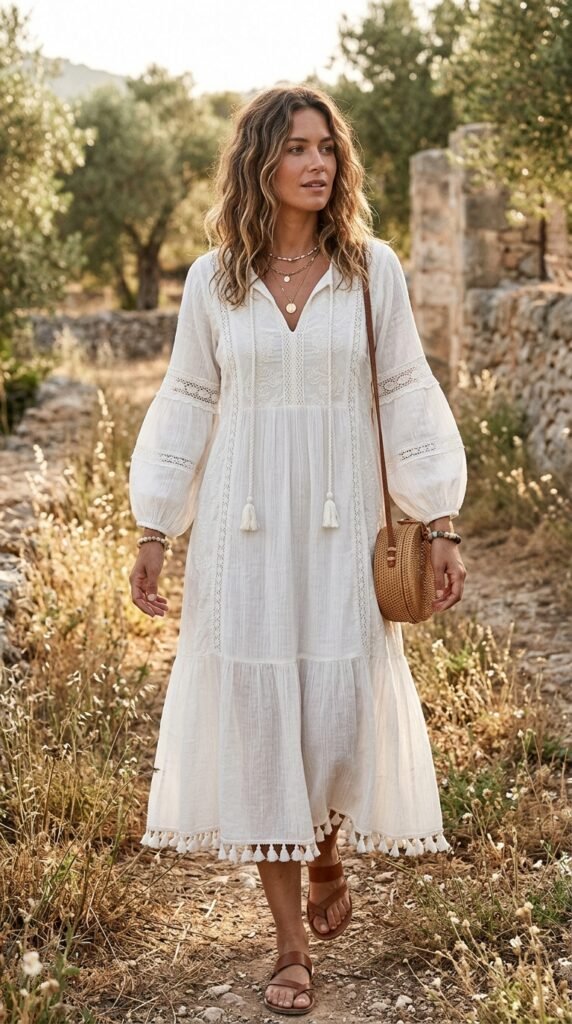 Long-Sleeve-White-Boho-Dresses-with-Tassels 