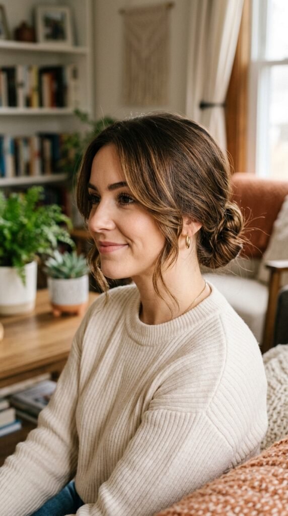 Low Brunette Bun With Face-Framing Layers Hairstyle