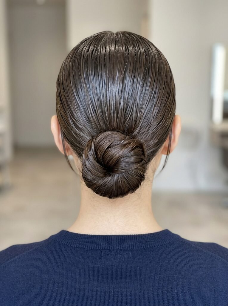 Low Bun with Wet Look Finish