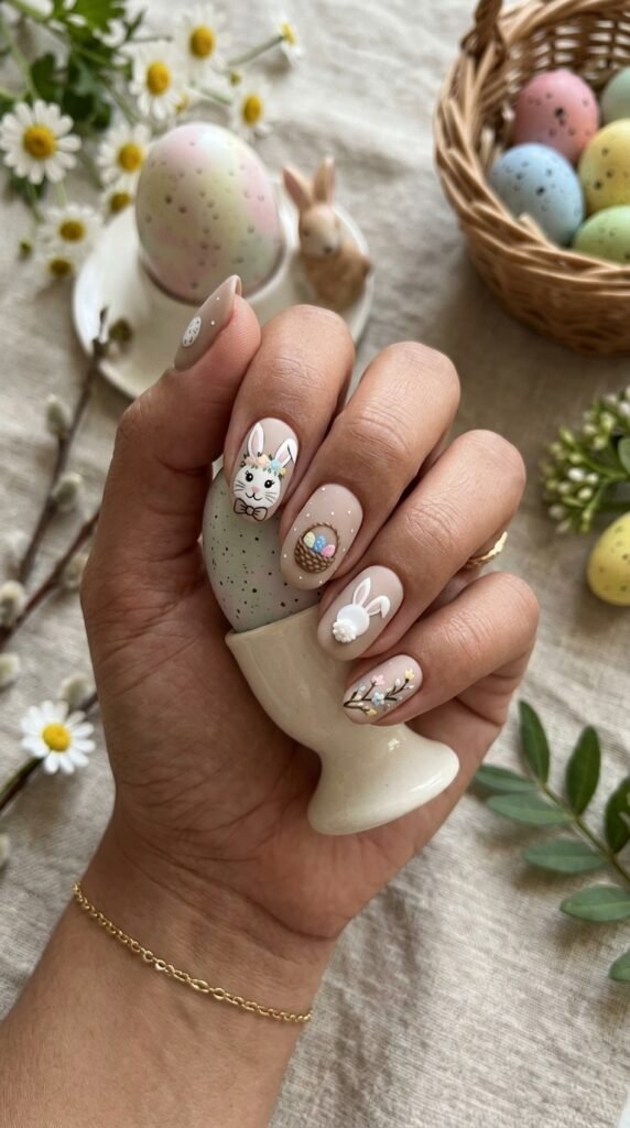 Matte Beige Easter Bunny Nails Art