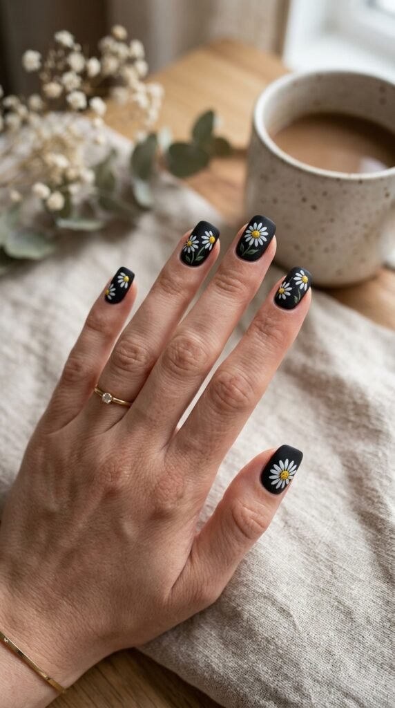 Matte Black Daisy Nails Art
