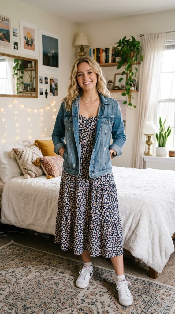 Midi Dress and Denim Jacket Outfit Inspo
