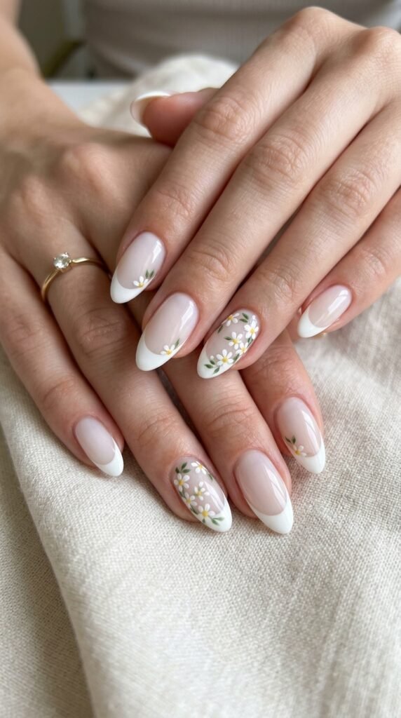 Milky French Tip Flower Nails Art