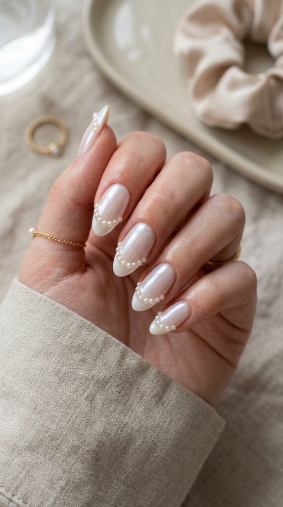 Milky Glazed Pearl French Tips Nail Art