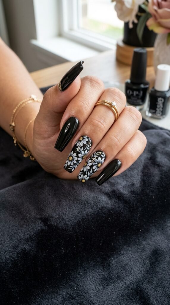 Minimal Black Whisper Daisy Nails Art