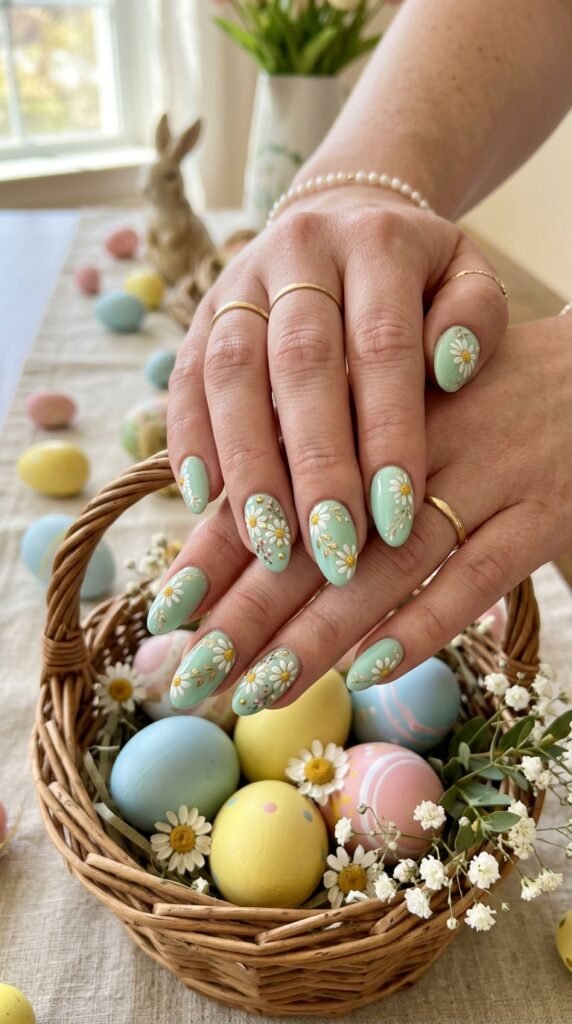 Mint Green Easter Daisy Nails Art
