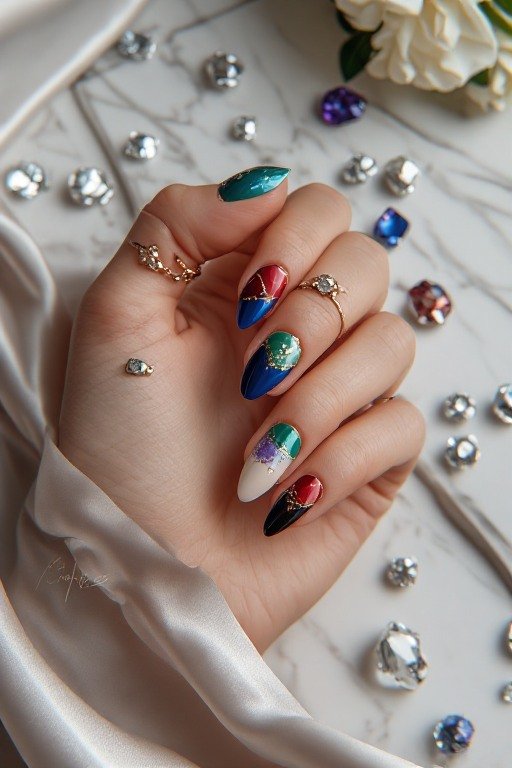 Mixed Jewel Tone French Tip Nail Art Design