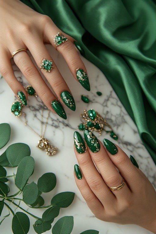 Moody Emerald Green Nail Art Design