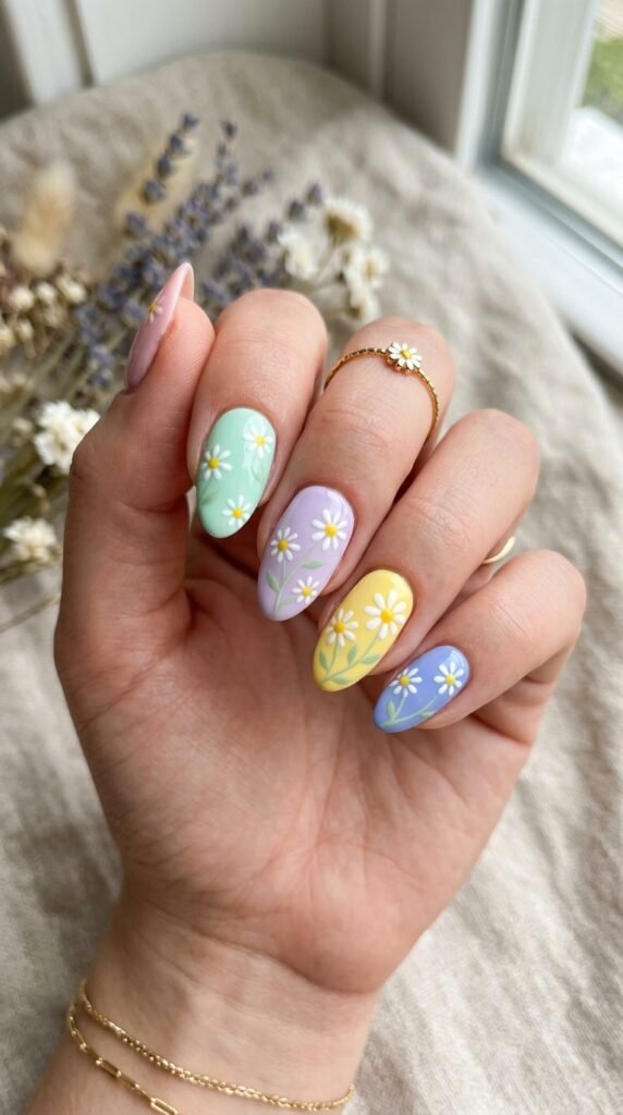 Multi-Color Pastel Daisy Nails Art