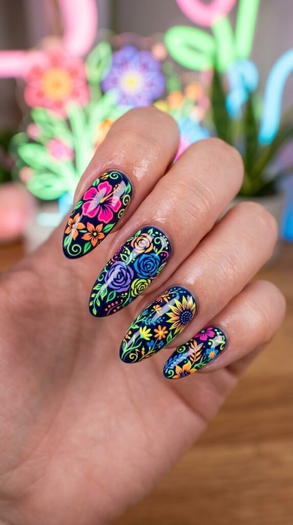 Multicolor Neon Floral Garden Nails Art