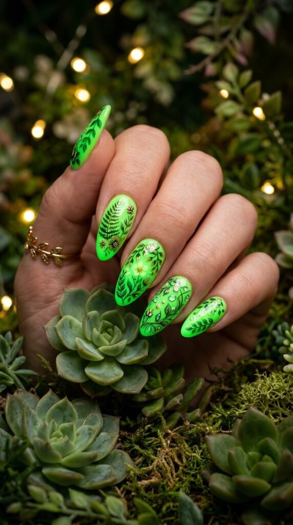 Neon Green Botanical Garden Nails Art